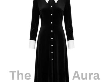 Wednesday Inspired Gothic Dress, Black Velour Halloween Costume, Spooky Season Outfit for Women