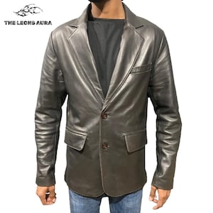 Mens Brown Leather Blazer Handmade Genuine Leather Two-Button Coat for Casual & Formal Wear
