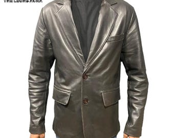 Mens Brown Leather Blazer Handmade Genuine Leather Two-Button Coat for Casual & Formal Wear