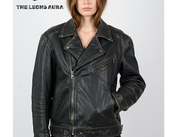 Vintage zwart echt leren bikerjack, distressed motorjas dames