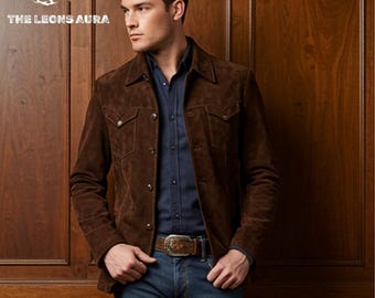 Chaqueta vaquera estilo camionero de ante marrón para hombre - Ante de cabra auténtico