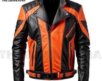 May include: Black and orange leather jacket with a zip-up front, a notched collar, and a belt at the waist. The jacket has quilted shoulder accents and the text "THE LEONS AURA" at the top left.