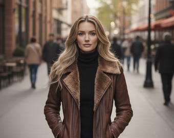 Womens Brown Shearling Leather Moto Jacket – Vintage Aviator Style
