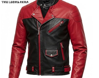 Red & Black Real Leather Biker Jacket: Moto Punk Streetwear