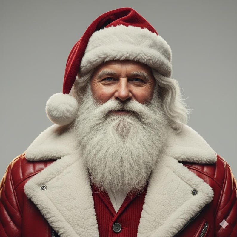 May include: A portrait of Santa Claus. He is wearing a red and white hat with a white pom-pom, a red jacket with a white fur collar, and has a long white beard. The background is a solid grey.