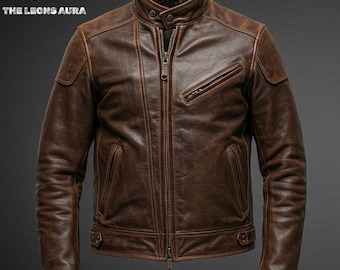 Men's Vintage Brown Cowhide Leather Biker Jacket: Distressed Motorcycle Style
