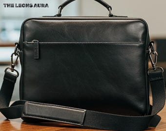 Black Leather Laptop Messenger Bag: Slim Professional Briefcase, 13-15 inch