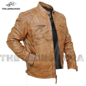Mens Tan Lambskin Leather Cafe Racer Jacket: Quilted Slim Fit Biker Coat
