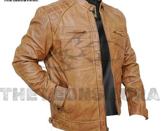 Bruine lamsleer cafe racer-jas heren: gewatteerde slim-fit bikerjas