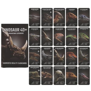 May include: A collection of dinosaur flashcards, featuring illustrations of various prehistoric creatures such as the Tyrannosaurus Rex and Triceratops. The set is labelled "DINOSAUR 40+ THE PREHISTORIC EXPERIENCE" and "AUGMENTED REALITY FLASHCARDS".