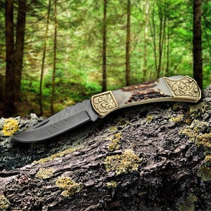 Damascus Steel Fancy Folding Knife with Stag Handle Damascus Steel Knife
