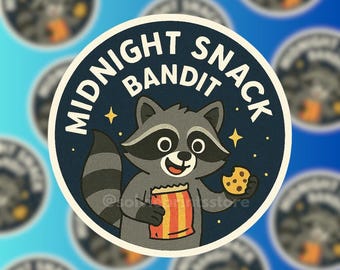 Pegatina de Midnight Snack Bandit: Mapache con galleta, vinilo impermeable