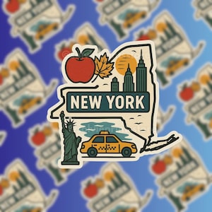 May include: A sticker featuring a stylized map of New York State with iconic landmarks. Includes a red apple, a yellow taxi, the Statue of Liberty, and the text "NEW YORK" in a teal banner. The background is a gradient of blue.