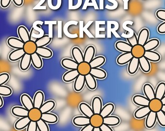 May include: A collection of daisy stickers with a white outline, yellow center, and white petals. The text "20 DAISY STICKERS" is displayed in white. The background is a gradient of blue and beige.