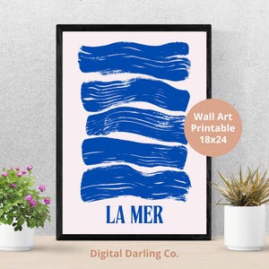 Póster imprimible de La Mer: arte mural costero moderno, olas oceánicas abstractas en rosa y azul, descarga digital minimalista francesa. ENVÍO GRATIS.