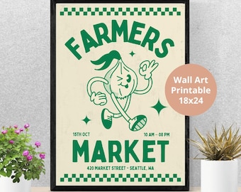 Utskrivbar affisch med bondens marknad – 18x24 vintageinspirerad konst med frukt och grönsaker, rustik väggdekoration för lantlig kök, digital nedladdningsfil FRI FRAKT