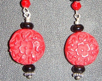 Cinnabar & Onyx Longer Pierced Earrings