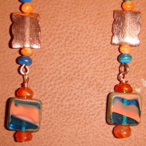 Blue & Orange Czech Glass , Copper Pierced Earrings