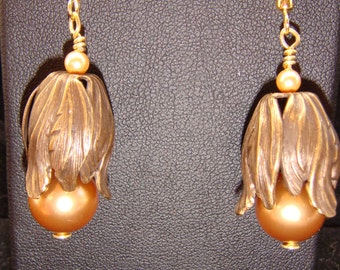 Large Champagne Pearls in Antique Brass Tulips Pierced Earrings