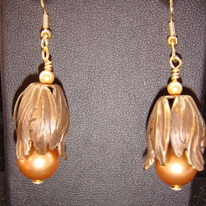 Large Champagne Pearls in Antique Brass Tulips Pierced Earrings