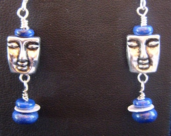 Lapis and Pewter Face Bead Earrings