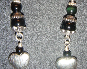 Dangle Heart Pierced Earrings of Black Onyx and Pewter