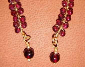 Garnet and Gold Wire Pierced Dangle Earrings