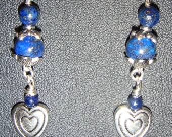 Lapis & Pewter Heart Pierced Earrings