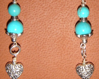 Kingman Turquoise Pierced, Dangle Heart Earrings with Silver Pewter