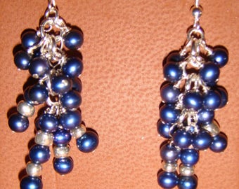 Blue Pearls and Silver Pewter Pierced Waterfall Earrings