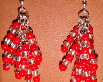 Red Coral and Seed bead Waterfall Pierced Earrings on Sterling Silver Ear Wires