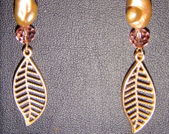 Gold Plated Leaf and Pearl Pierced Earrings