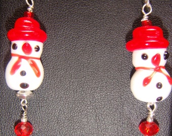 Ceramic Snowman with Red Hat Pierced Christmas Earrings