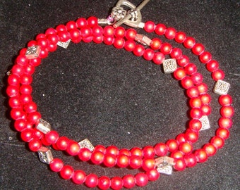 Red Coral and Silver Pewter Wrap Bracelet