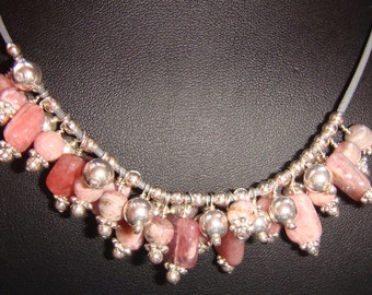 Rhodochrosite and Silver Bubble/Charm Necklace on Leather