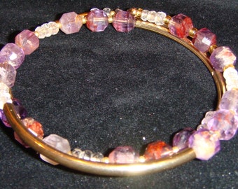 Energy Bracelet with Amethyst and Gold Tone Tube Beads, Memory wire