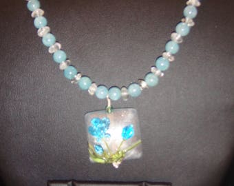 Aquamarine with Apatite Necklace and Earring set with Lampwork Pendant