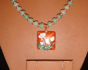 Peridot and Copper Necklace and Earring Set with Lampwork Glass Pendant