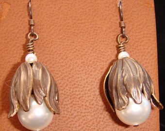 Antique Brass Tulips With Cream Large Swarovski Pearl pierced Earrings