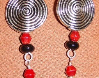 Silver , Onyx, Red Coral Pierced Earrings