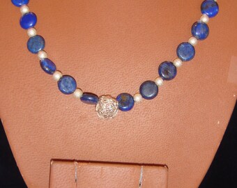 Lapis Beads with German Silver Balls Necklace and Pierced Earring Set