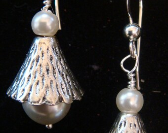 Silver Pearls in Sterling Silver Cones Pierced Earrings