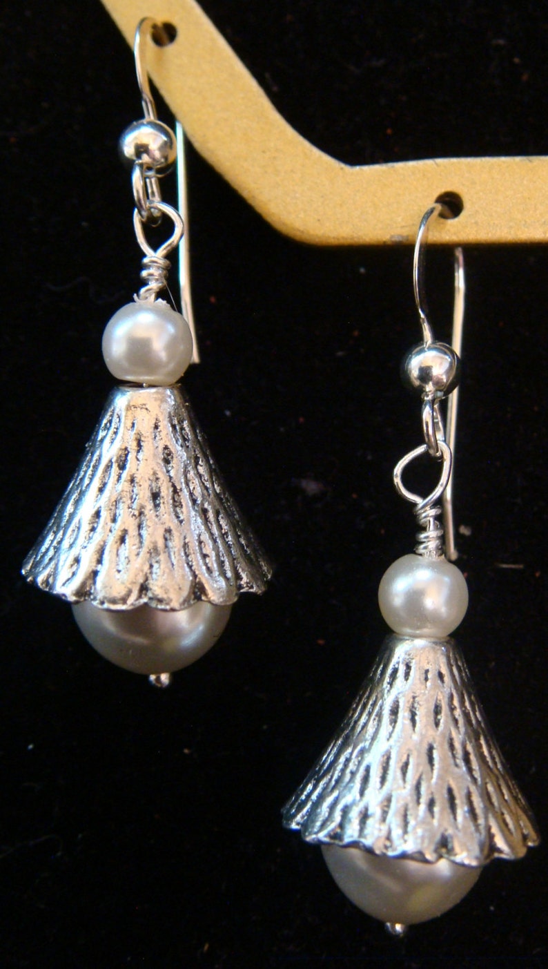 Silver Pearls in Sterling Silver Cones Pierced Earrings image 1