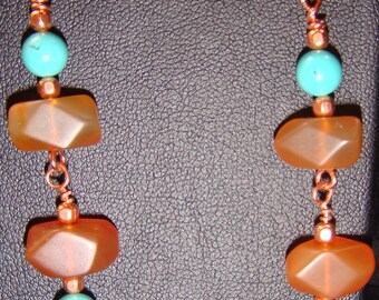 Kingman Turquoise and Citrine Nuggets with Copper Long Dangle Pierced Earrings