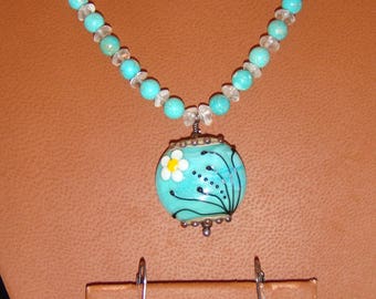 Turquoise and Apatite Necklace and Earring Set with Lampwork Glass Pendant