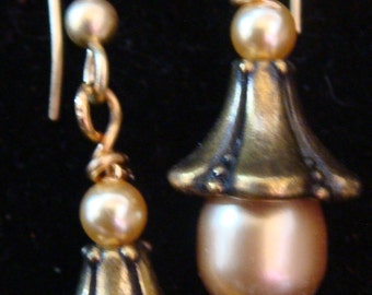 Champagne Swarovski Pearls in Bronze Cones Pierced Earrings