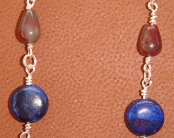 Tourmaline and Lapis Three Stone Dangle Earrings with Sterling Silver
