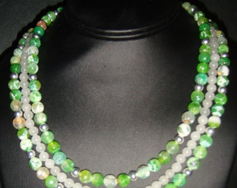 Green Agate and White Jade Triple Strand Necklace With Pewter