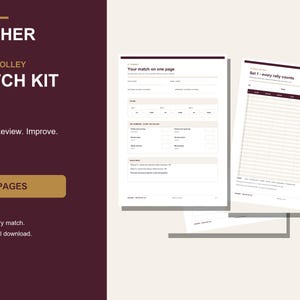 May include: A digital beach volleyball match kit consisting of 7 PDF pages. The documents feature white backgrounds with dark maroon headers and text, including fields for match details, rally counts, and performance notes for 2v2 games.