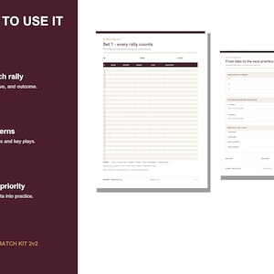 May include: A dark maroon instructional graphic titled HOW TO USE IT, featuring three numbered steps for tracking rallies, spotting patterns, and picking priorities. Two white data collection sheets are displayed, labeled Set 1 - every rally counts and From data to the next practice, with columns for scores, serves, and outcomes.